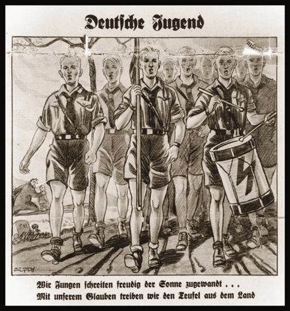 Der Stuermer, depicting a group of Hitler Youth marching forth to drive the forces of evil from the land